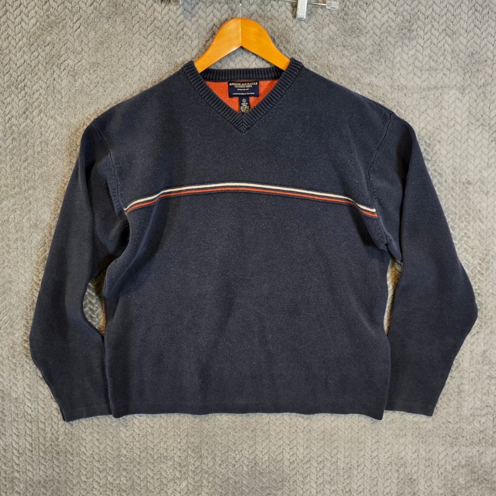 American Eagle Men V-Neck Sweater Navy Blue Striped Ramie Cotton Knit Large 1033
